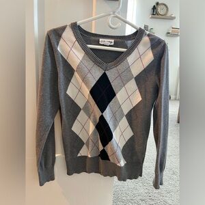 Sigrid Olsen Gray and Black Argyle V-Neck Sweater